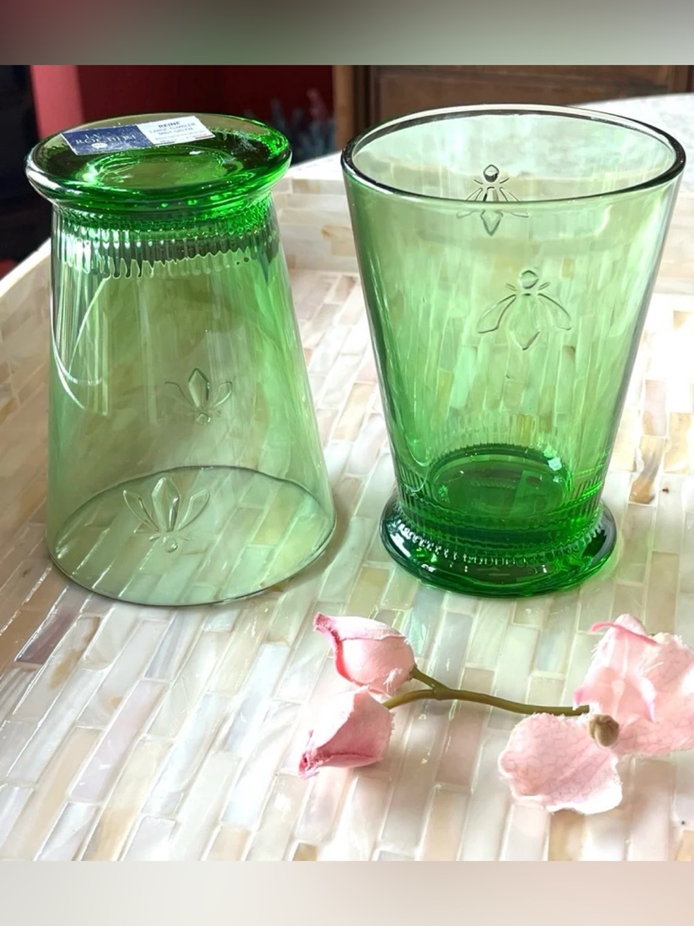 NEW La Rochere Reine BEE 13oz LRG Mint Green Tumbler Glasses Set of 2 France